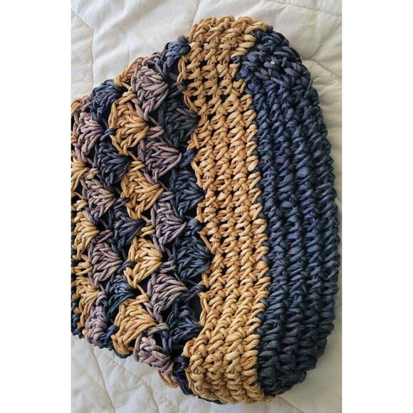 Woven Corn Husk Purse Handbag Tote Beach Straw Blue Tan 14x14 - Picture 4 of 9